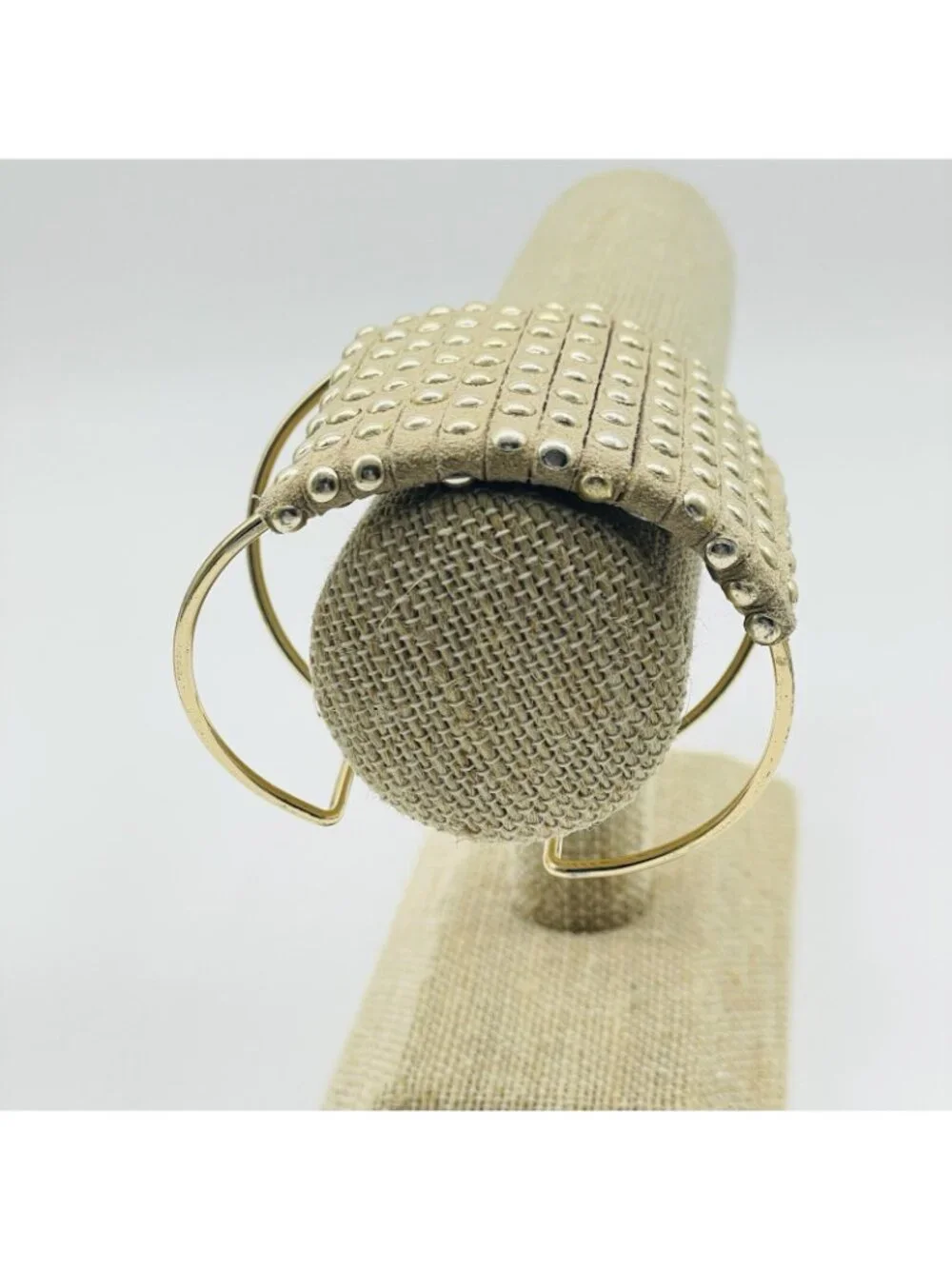 Wide Studded Cuff Bracelet Tan Faux Suede Gold Tone Boho Statement